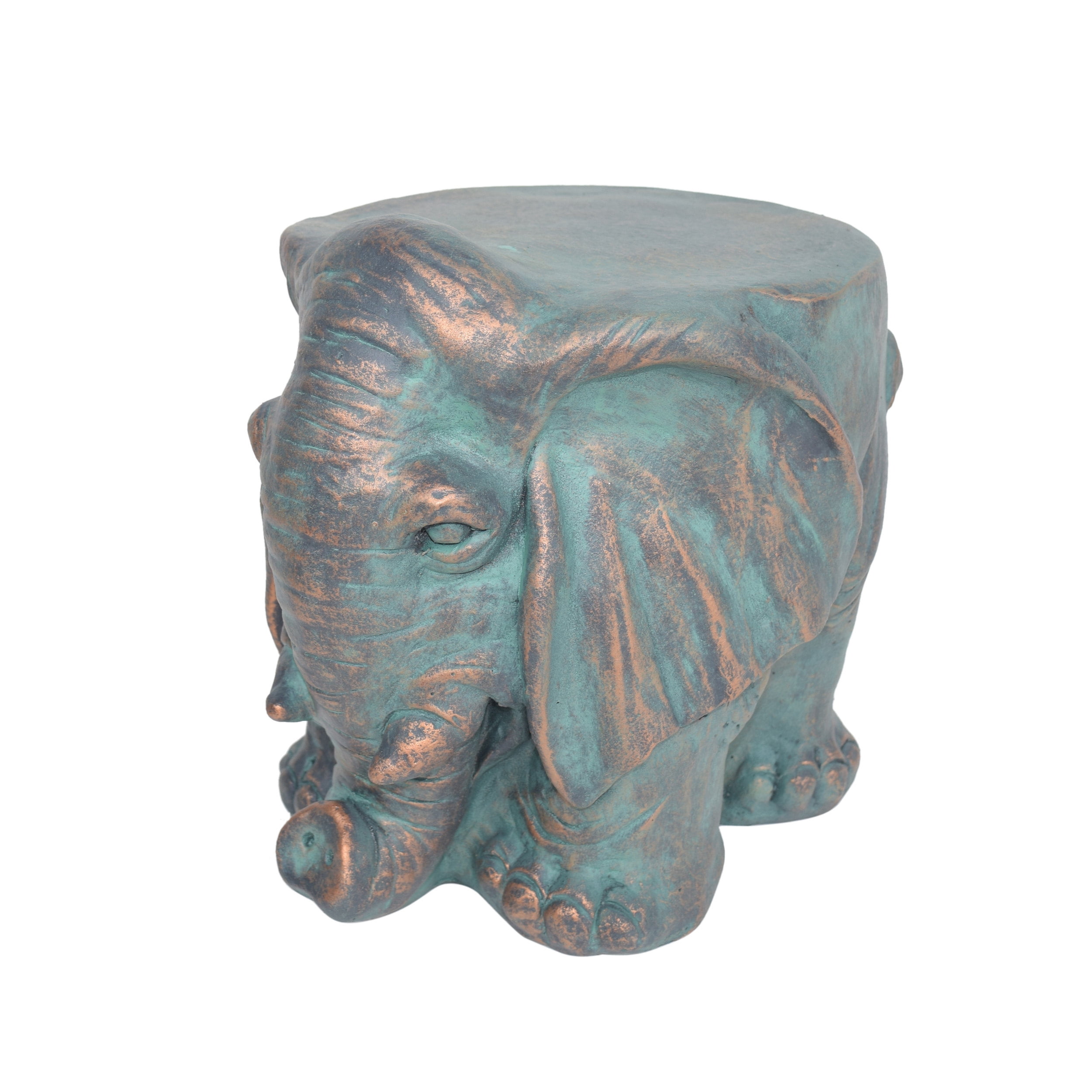 Mintazer Verdigris Copper Patina Elephant Garden Stool, Weatherproof Concrete Animal Sculpture Plant Stand Accent Side Table for Patio Lawn Balcony