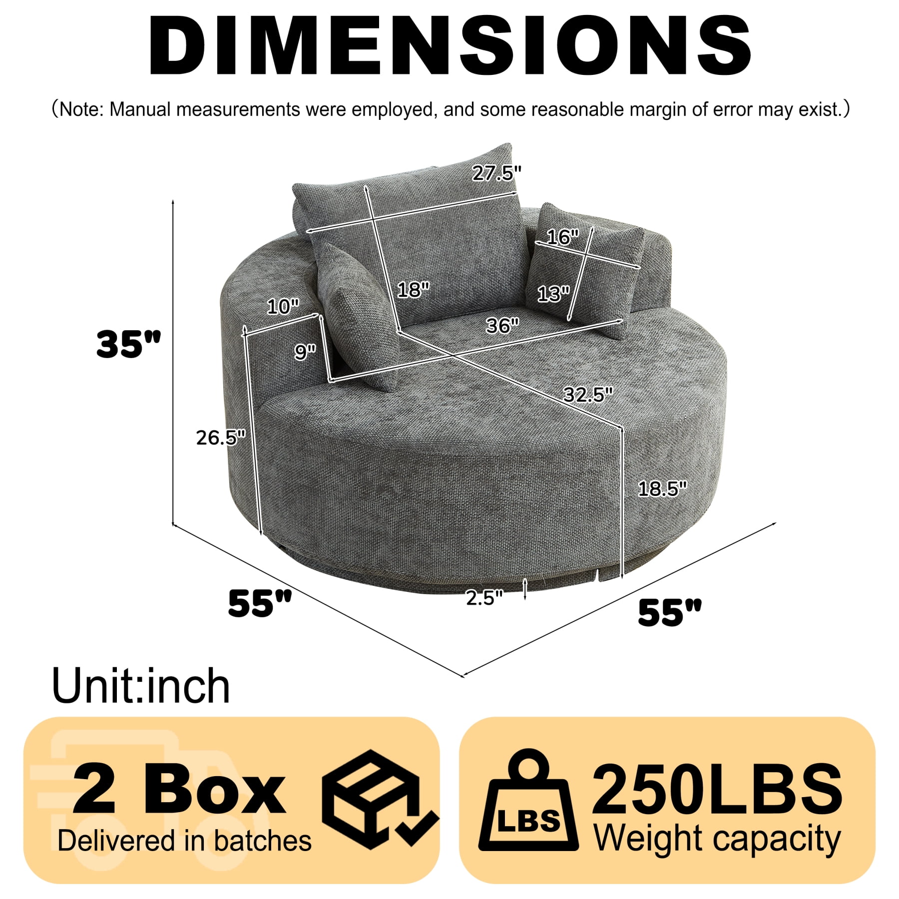 Leumius 55" Oversized Round Swivel Accent Chair,Upholstered Chenille 360 Degree Swivel Chair for Living Room, Bedroom, Lounge and Projection Room,Gray