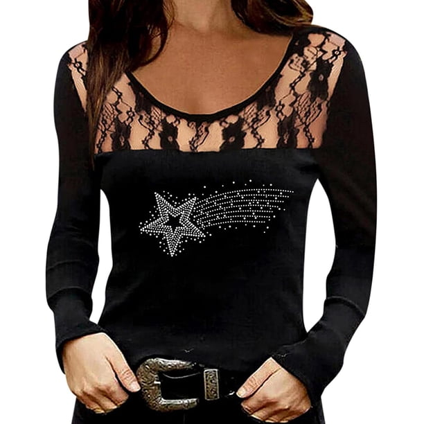 Blusa de manga larga informal con estampado de amor hueco de encaje con cuello redondo para mujer Pompotops gfhjh17398