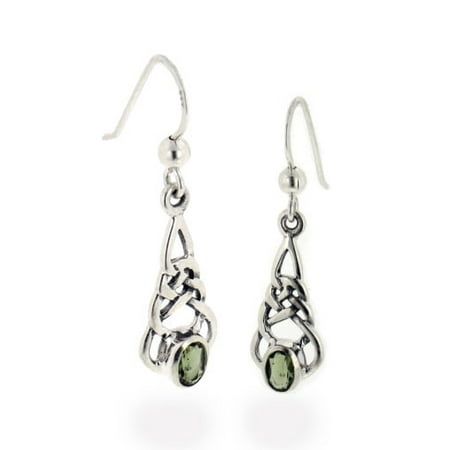 - Sterling Silver Celtic Knot and Genuine Green Meteor Rock (Moldavite) Hook Earrings