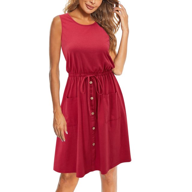 RKSTN Robes Décontractées pour Femmes Sans Manches Col Rond Couleur Unie Robes Bouton avec Pocke Robe Ample