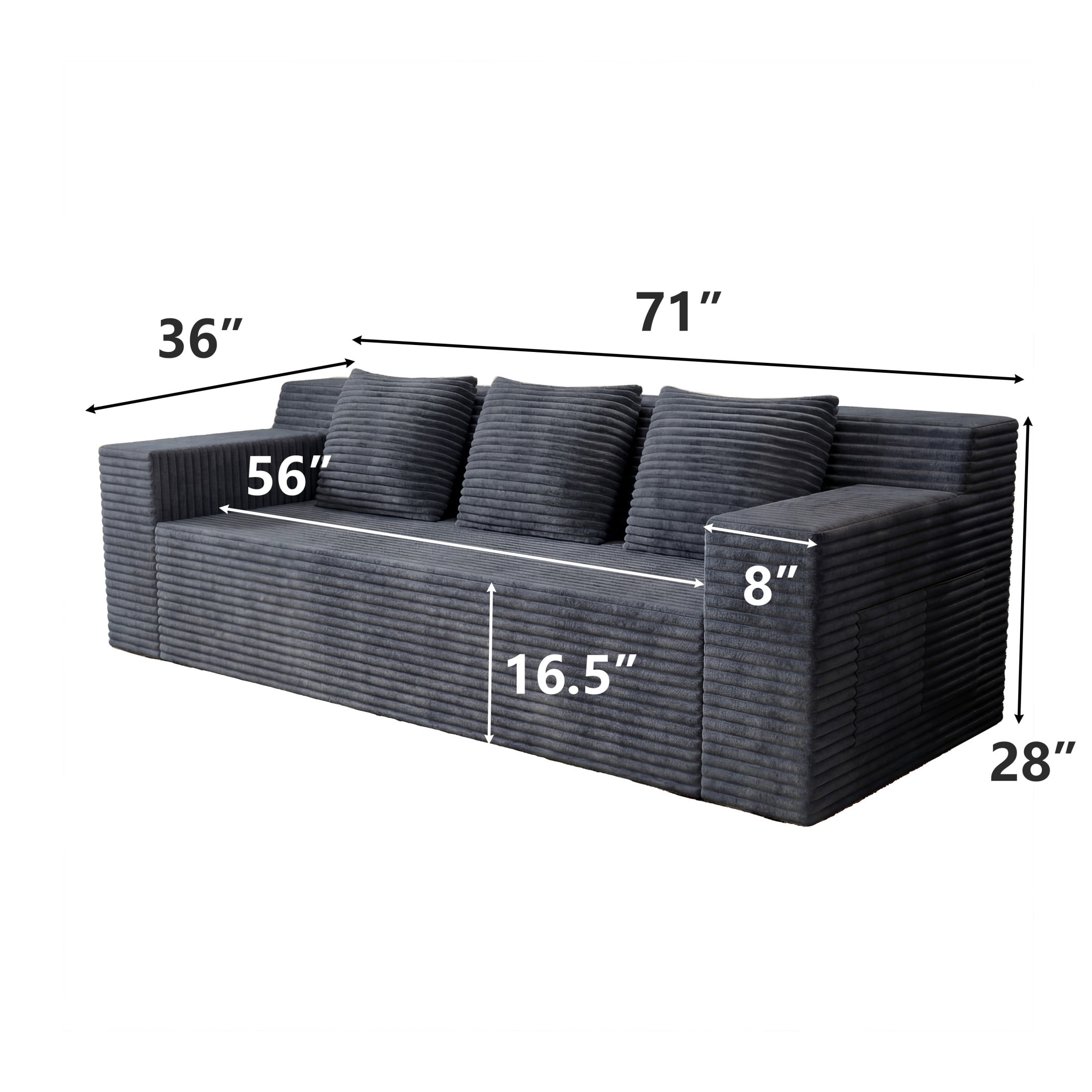 Aukfa 71" 3-Seater Modular Sofa, Corduroy Deep Seat Couch, No Assembly Comfy Sofa for Living Room, Bedroom, Apartment, Dark Gray
