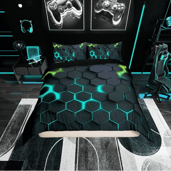 Erosebridal Gradient Cyan Green Honeycomb Duvet Cover Twin, Geometric Hexagon Bedding Sets Twin Size, Black Bedroom Decor, Reversible 2 Pieces (No Comforter)