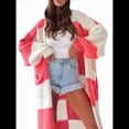 thumbnail image 3 of Suéteres Tipo Cárdigan para Mujer, Otoño-Invierno, Tejidos con Bloques de Colores Arcoíris, Rayas, Acogedores, de Larga, con Bolsillos Delanteros Abiertos Rojo L, 3 of 8