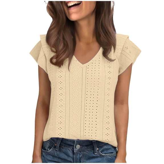 Vmvidoty V Neck Tops for Women Casual Short Sleeve T Shirts Trendy Hollow Out Summer Blouses Yellow S