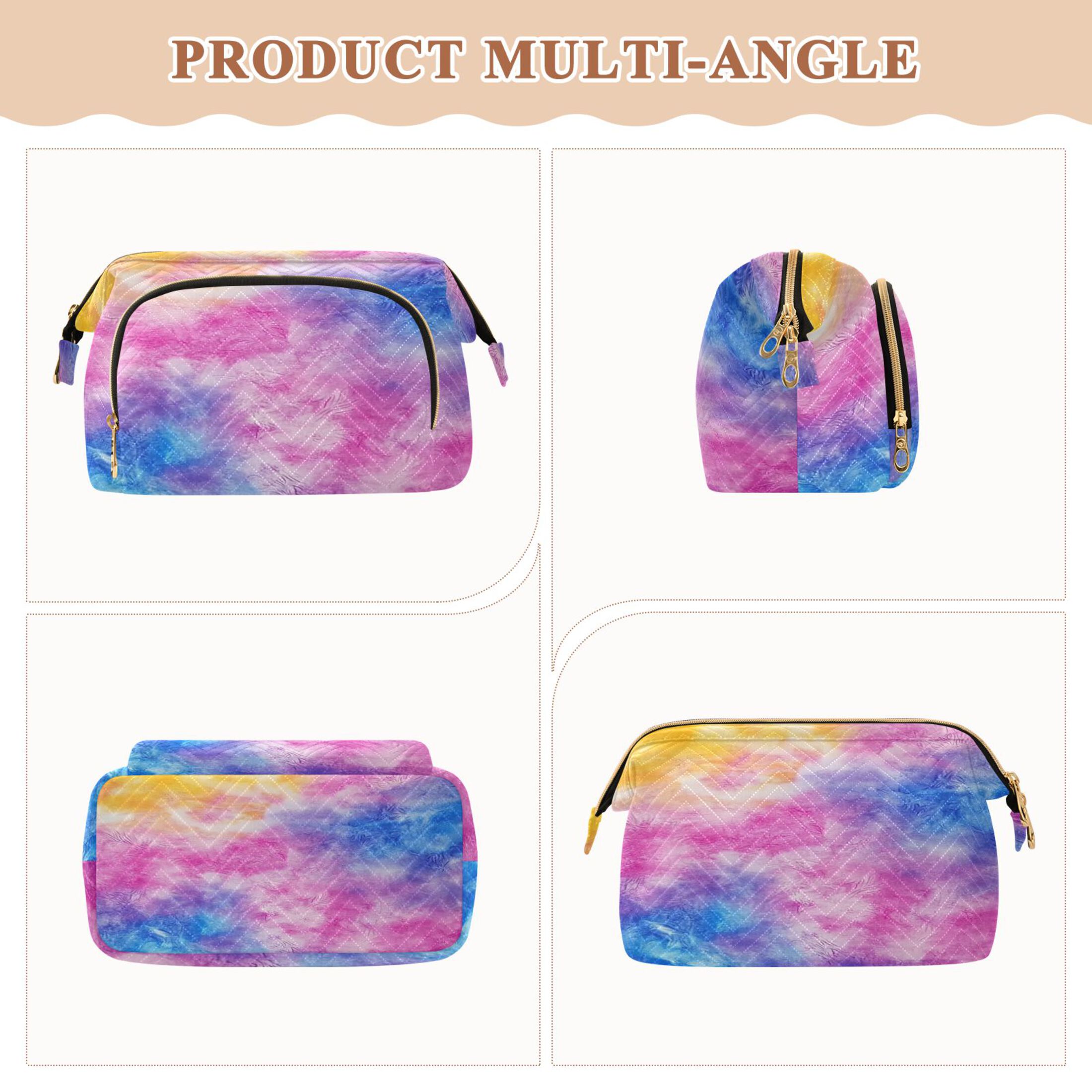 Wavy Quilted Cosmetic Bag Large-Capacity Travel Toiletry Organizer Includes 9-Piece Portable Travel Bottle Set Blue Purple Yellow Tie-dye