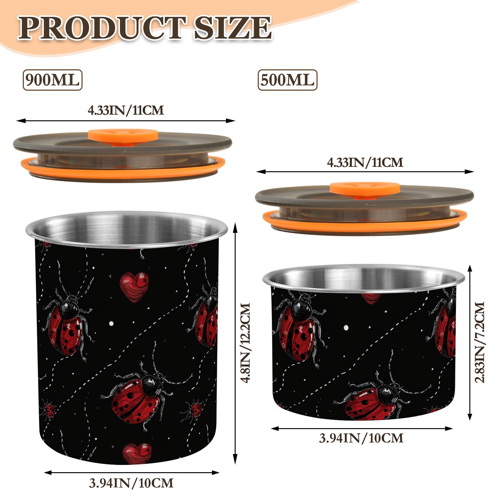 Lady Bug Heart Airtight Coffee Bean Canister 30oz Food Storage Containers with Lids For Gournd, Tea, Sugar, Flour, Rice, Cereal, Candy Cookie Jar