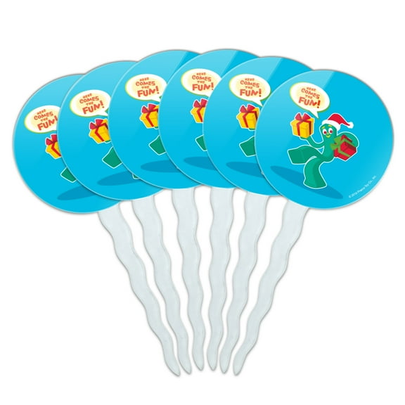 Gumby In Santa Hat With Gifts Here Comes The Fun Cupcake Picks Toppers Decoration Set of 6