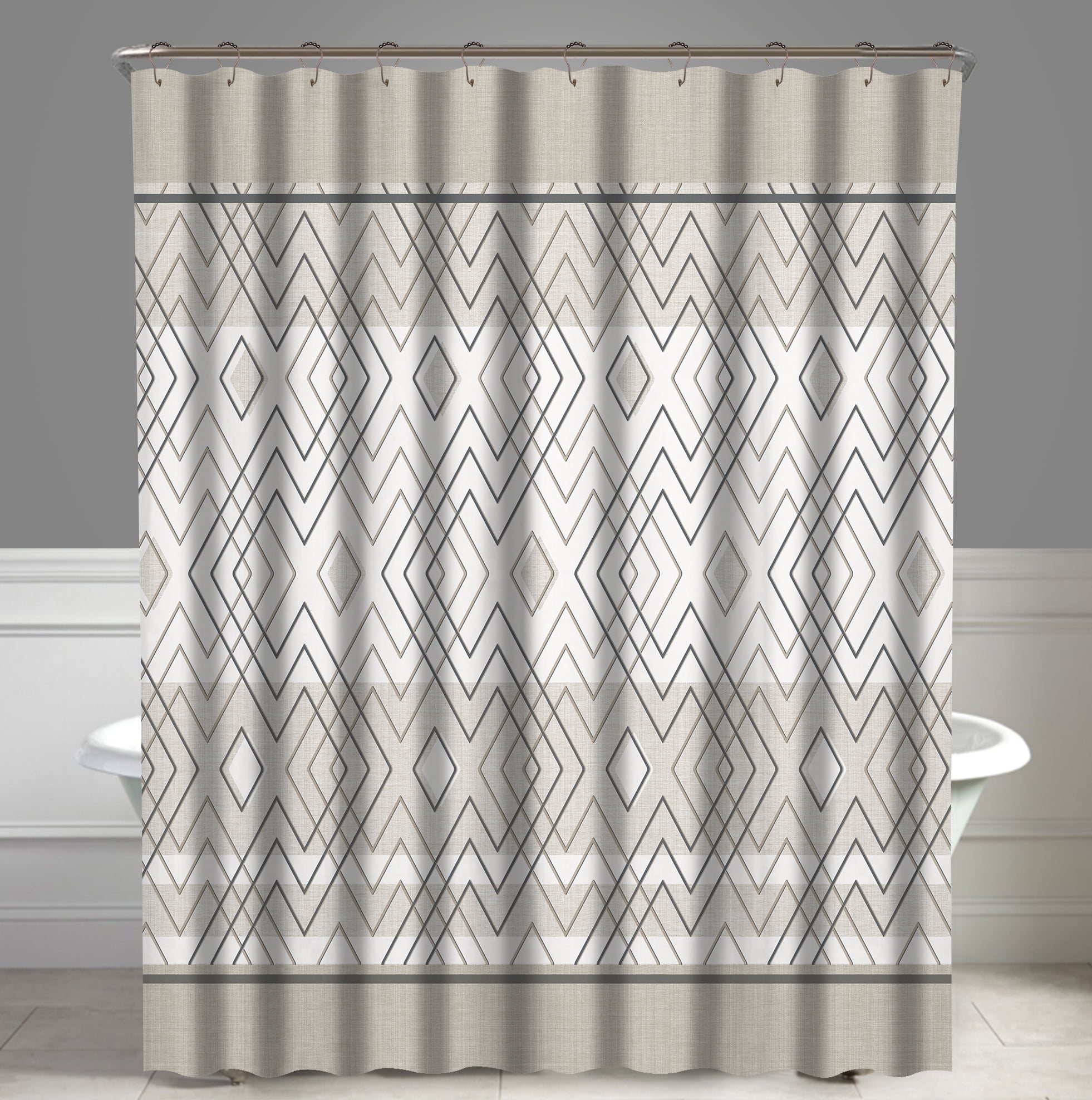Geometric Beige Grey Rosland Water Repellent Shower Curtain 72"X72", Free 12Piece Shower