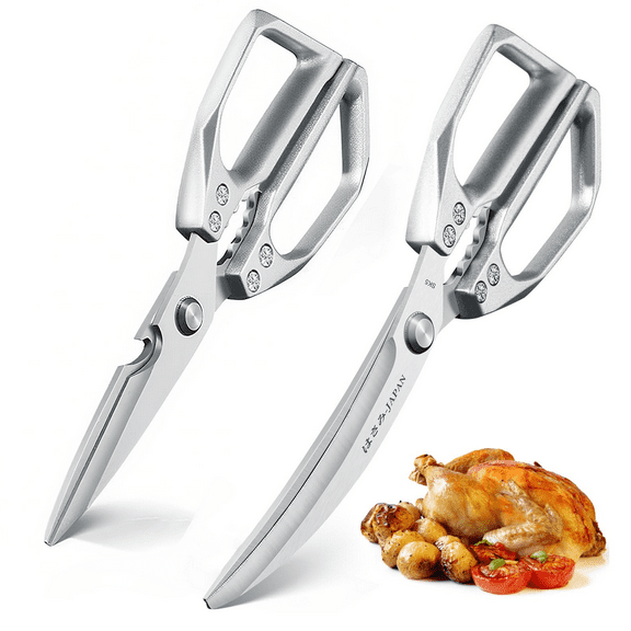 Kitchen Scissors Set Silver - Stainless Steel Kitchen Shear, Sharp Meat Scissors Dishwasher Safe, Heavy Duty Poultry Shears, Japanese Cooking Scissor for Food, Chicken Bones, and Turkey