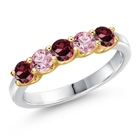 Gem Stone King 10K Two Tone Gold Red Rhodolite Garnet and Pink Lab Grown Diamond Wedding-Bands Ring for Women | 1.02 Cttw | Round 3.5MM | Gemstone January Birthstone | Size 9