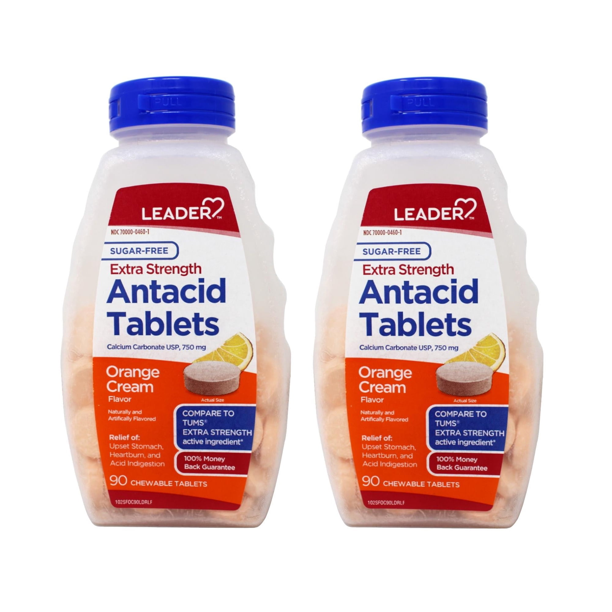 Leader Extra Strength Antacid Tablets Calcium Carbonate 750 mg Orange Cream Flavor 90 Count (Pack of 2)