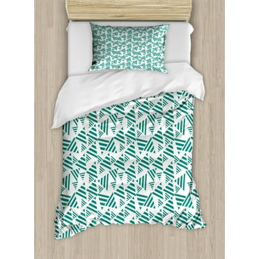 Teal and White Duvet Cover Set Twin Size, Abstract Triangle Shapes with Bold Colored Stripes Simplistic and Monochrome, Decorative 2 Piece Bedding Set with 1 Pillow Sham, Teal White, by Ambesonne