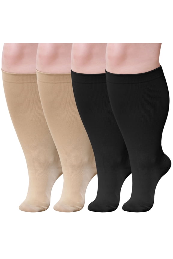 Compression Socks for Women, LOFIR 2 Pairs Compression Socks for Women Pregnancy Wide Calf 20-30 mmHg Knee High Plus Size Compression Stockings for Men and Women Maternity Flying Travel- 2XL