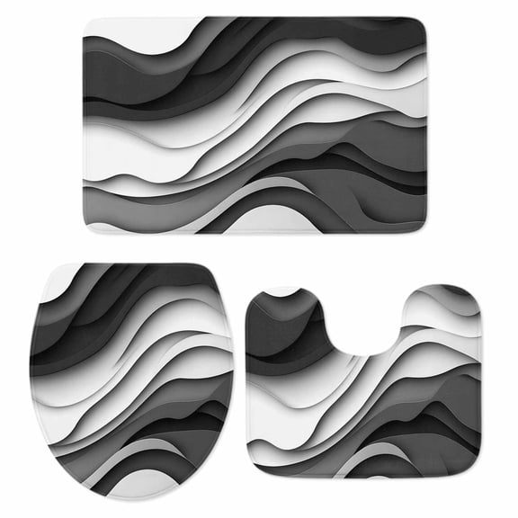 Black Grey Ombre Bath Mat 3 Piece Bathroom Rug Set, Moire Modern Aesthetics Geometric Abstract Non Slip Bath Rug Contour Mat and Toilet Lid Cover, Absorbent Shower Mats Soft Bath Rugs and Mats Sets