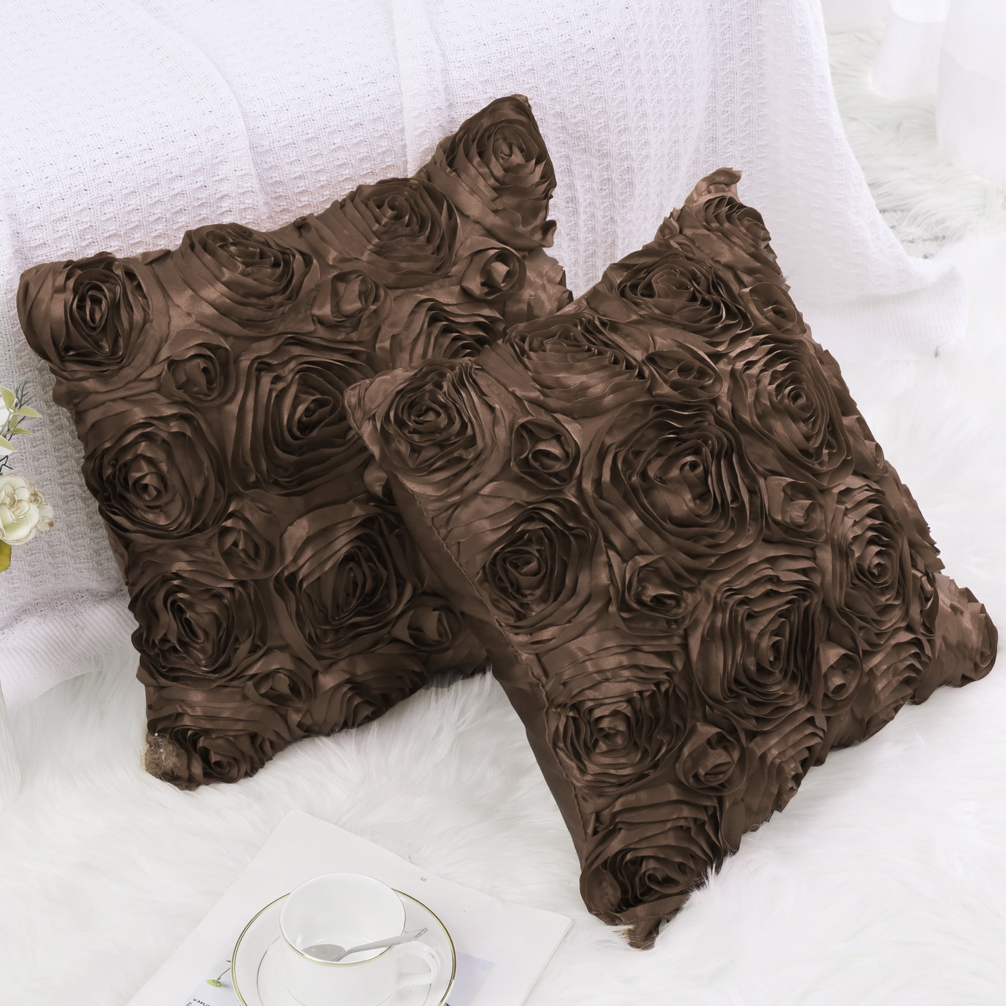 PiccoCasa Decorative Throw Pillow Covers 3D Satin Rose Flower Shells Cushion Covers, 2Pcs, 16"x16" Coffee Color