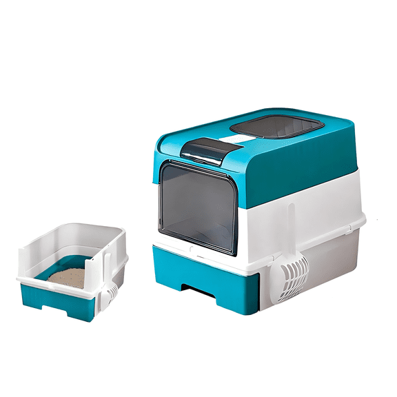 Litter Box With Lid - Fully Enclosed Cat Potty, Anti-Splashing Toilet, Self-Cleaning With Scoop, Drawer Type Front Entry Top Exit