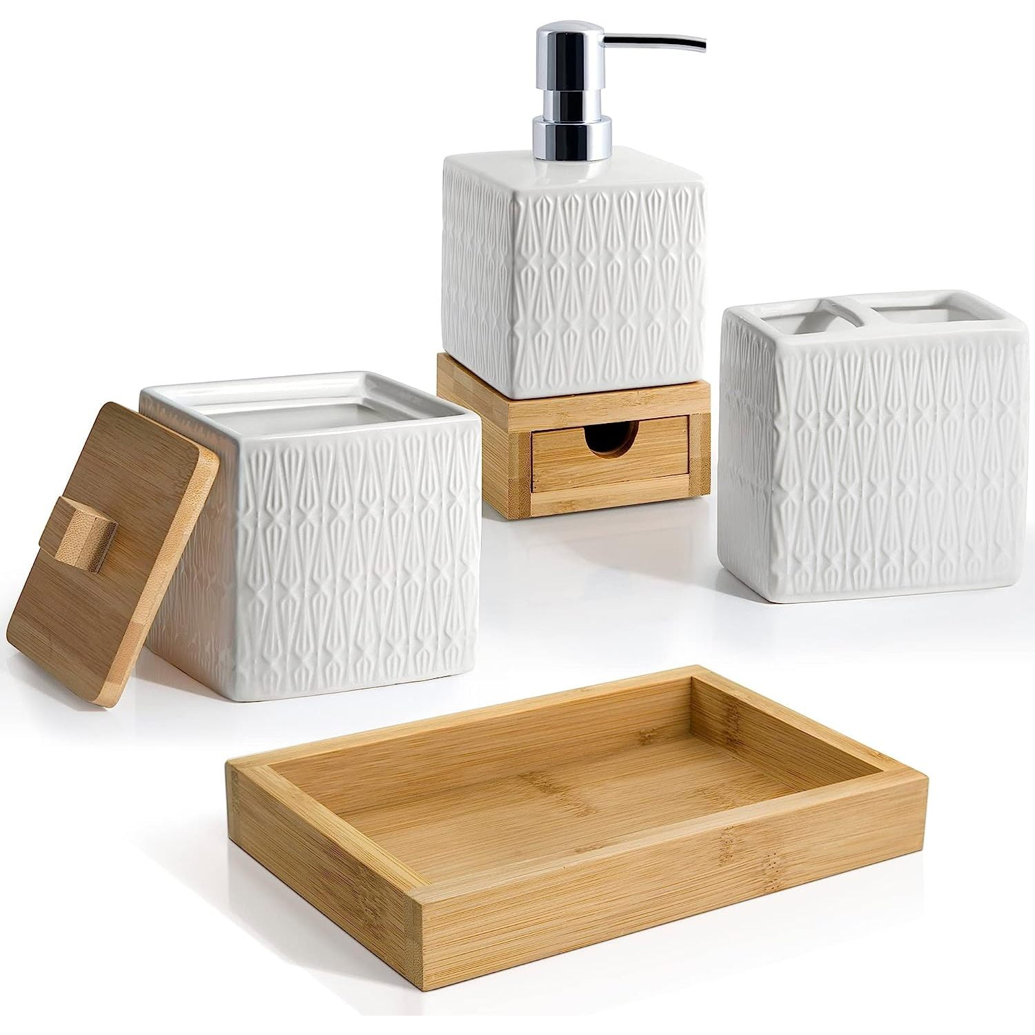 HElectQRIN Kismet 4Piece White Ceramic with Bamboo Bathroom Countertop