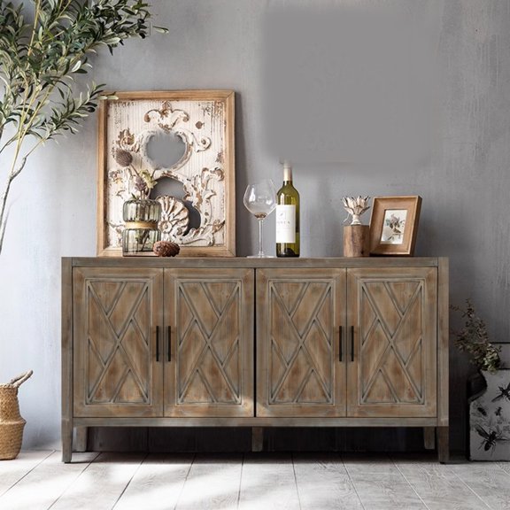 Sideboard Storage Cabinet with 4 Doors Wooden Freestanding Twill Buffet Cabinet Multiple Compartments Adjustable Shelf Sideboard Cabinet for Living Room Bedroom 59.8 x 15.6 x 32.3 Inch antique gray