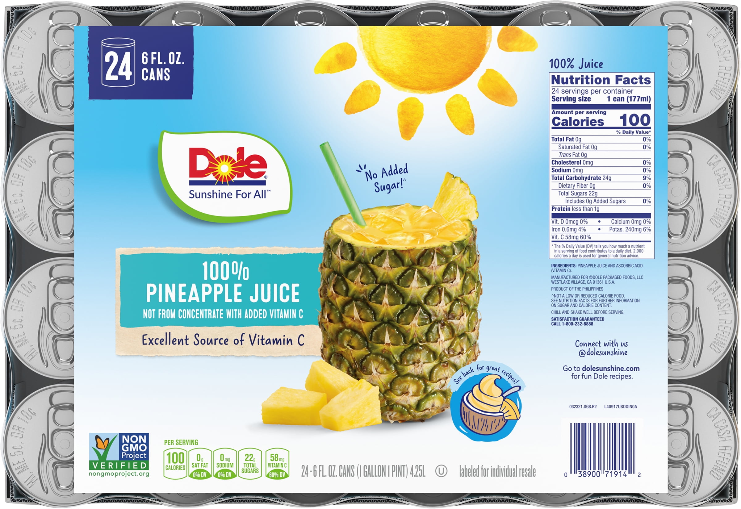 (24 Cans) Dole All Natural 100 Pineapple Juice, 6 fl oz Can Best Deals