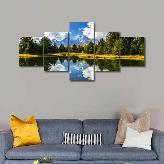 TISHIRON 5PCS Framed Canvas Wall Art Set,50"x24" Lake and Mountain in Grand Teton National Park Canvas Art Decor