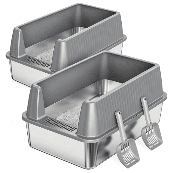 Nycoba 2 Pack XL Stainless Steel Cat Litter Box, Open Top Cat Pan with Splash Guard, Anti-Tracking Pedal & Litter Scoop for Large Cats