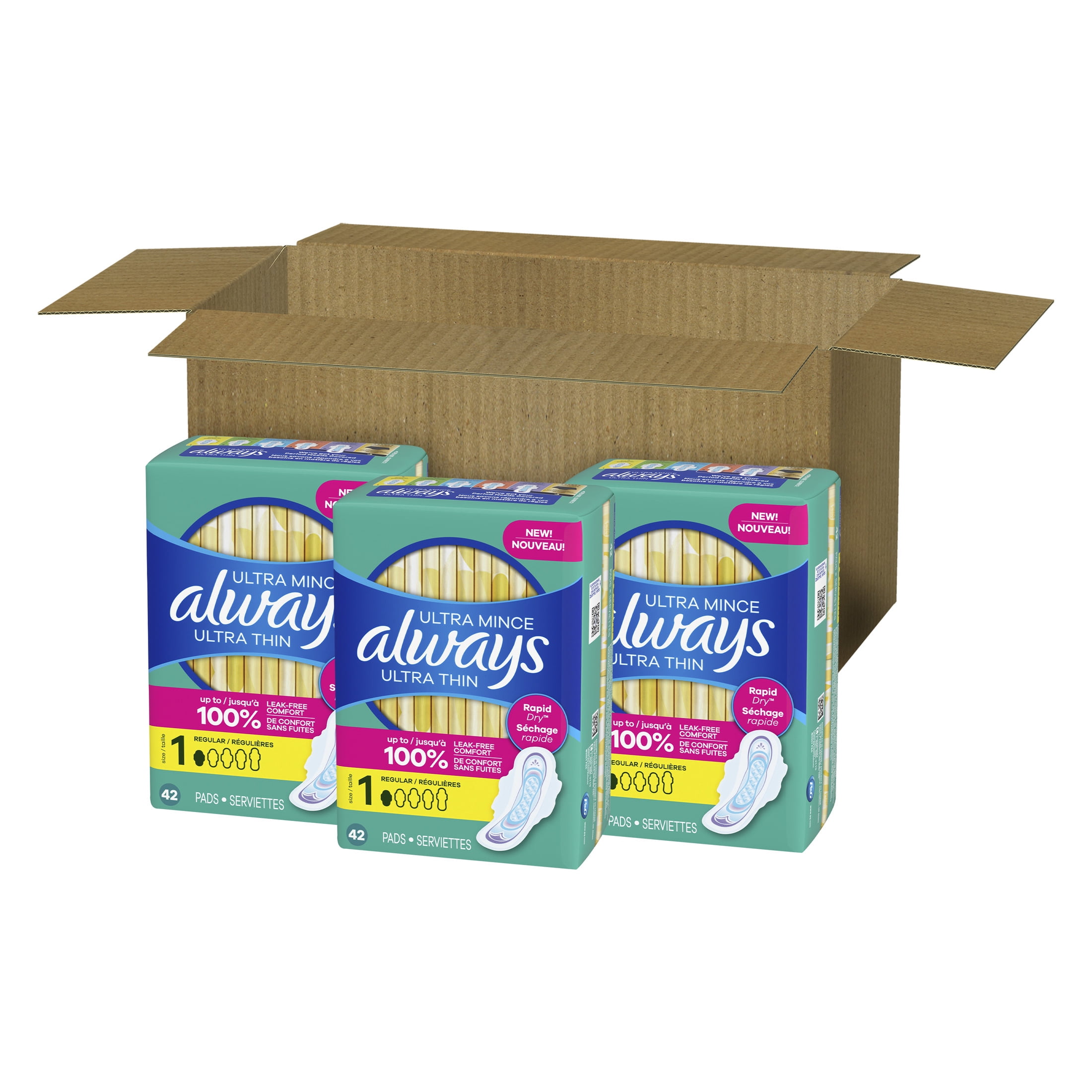 Always Ultra Thin Feminine Pads with Wings for Women, Size 1, Regular Absorbency, Unscented, 126 Count