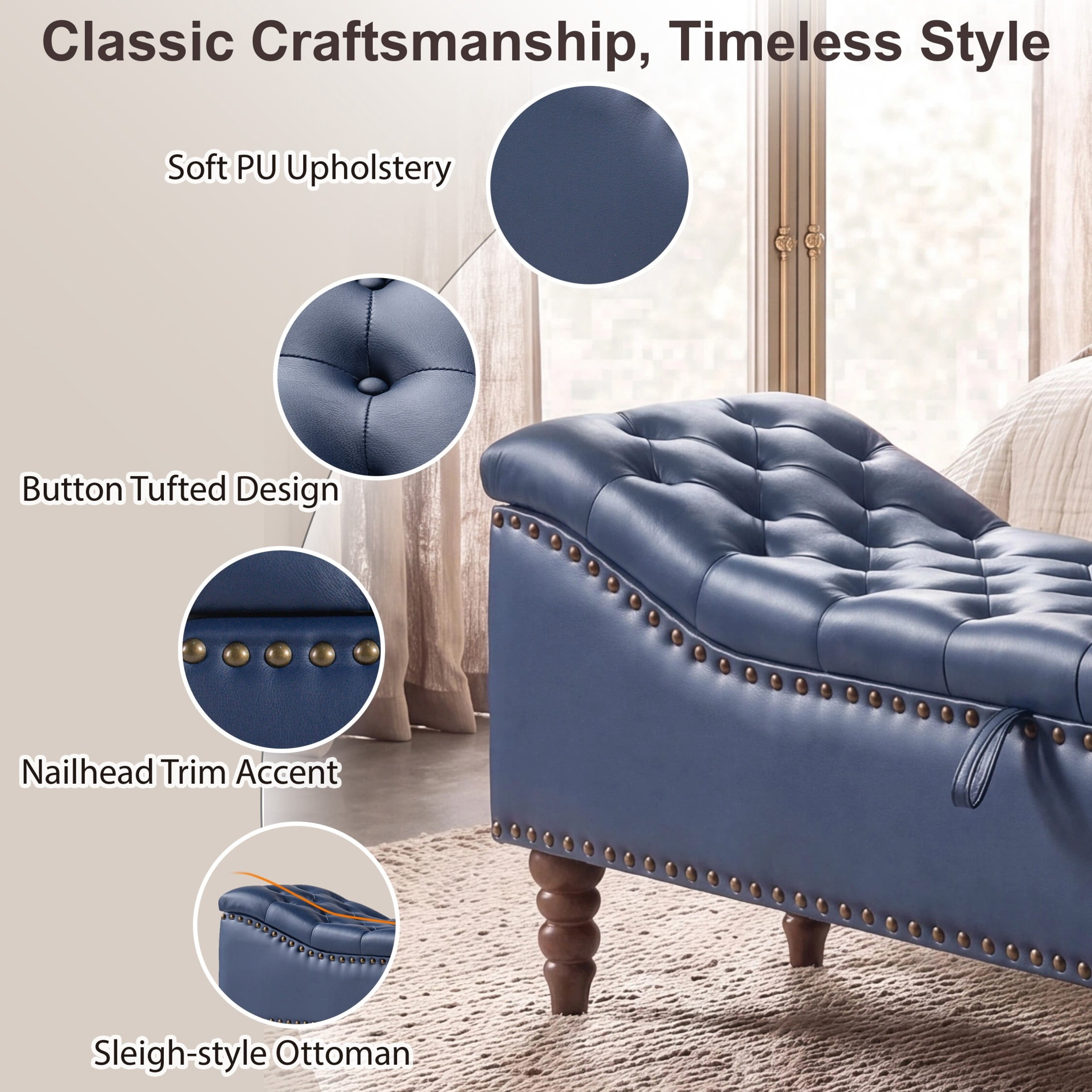 Christopher Knight Home PU Leather Storage Bench, Button-Tufted Ottoman with Nailhead Trim, Navy