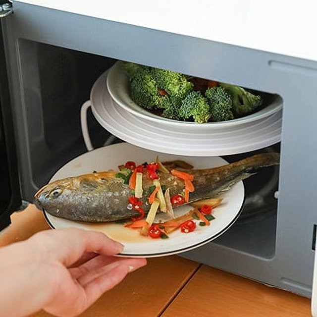 Rejilla para calentar alimentos en microondas con capas para cocinar al vapor, plegable, redonda, de doble capa, superior e inferior, antideslizante, para almacenar alimentos en microondas