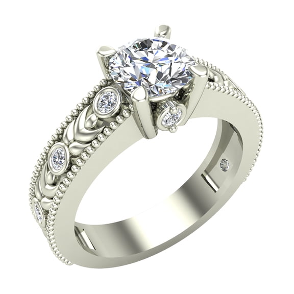 Solitaire Diamond Engagement Ring for Women Embellished Shank GIA certified Round brilliant 18K White Gold 1.35 carat (G,VS1)