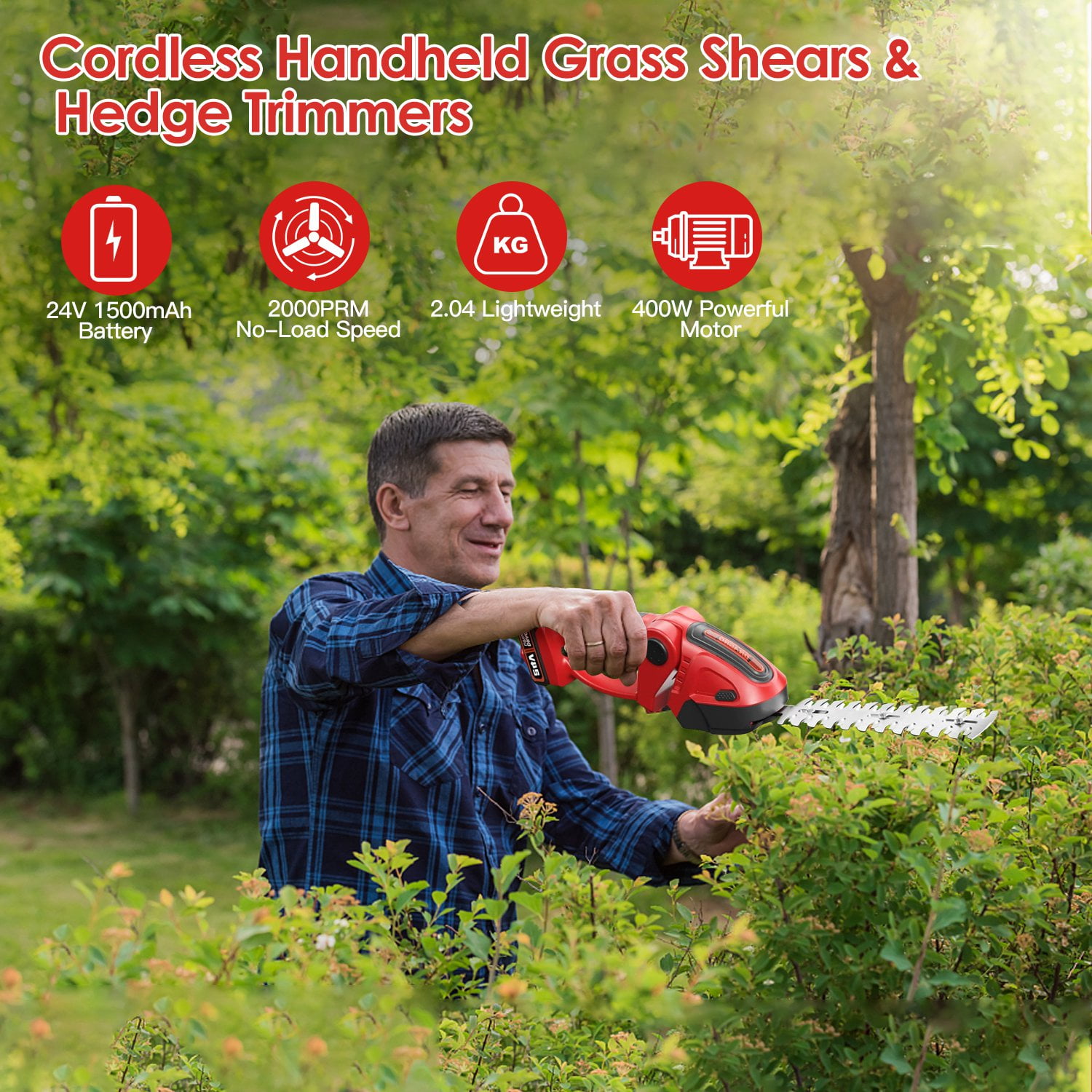 Moclever 2 in 1 Cordless Grass Shear Hedge Trimmer with 90° Cutting Angle 2Pcs Replaceable Blades 400W Electric Shrub Trimmer Hedge Cutter with Detachable Battery for Garden Lawn