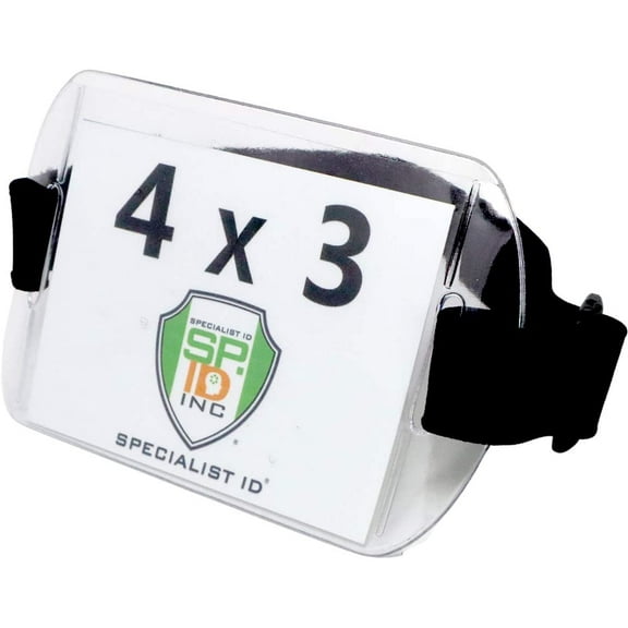 Armband Badge Holder - Large 4x3 Arm Band Horizontal - Adjustable Strap & Clear 3x4 Vinyl Plastic Sleeve for XL I'd Name Tag by Specialist ID (Black)