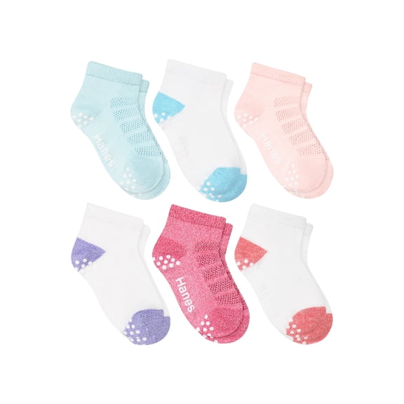 Hanes Premium Pure Comfort Infant/Toddler Girls' Ankle Socks Pack, 6-Pack, Gripper Foot, ComfortSoft Yarn Pink/White 4T/5T