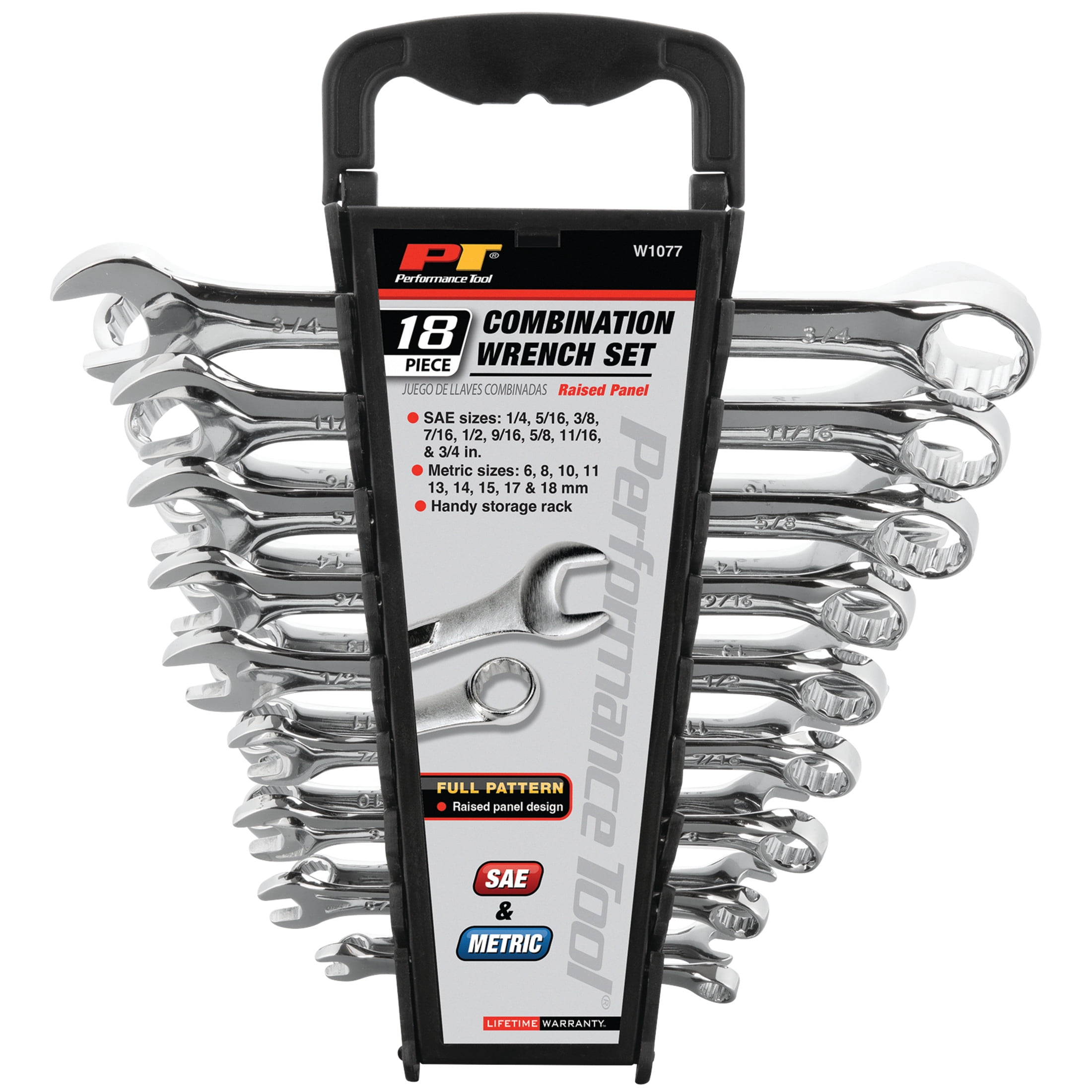 Performance Tool W1077 Combination Wrench Set - Chrome Vanadium Steel, SAE and Metric, 6-18mm, 1/4 - 3/4 inch, Mechanic Wrench Set, Automotive Repairs