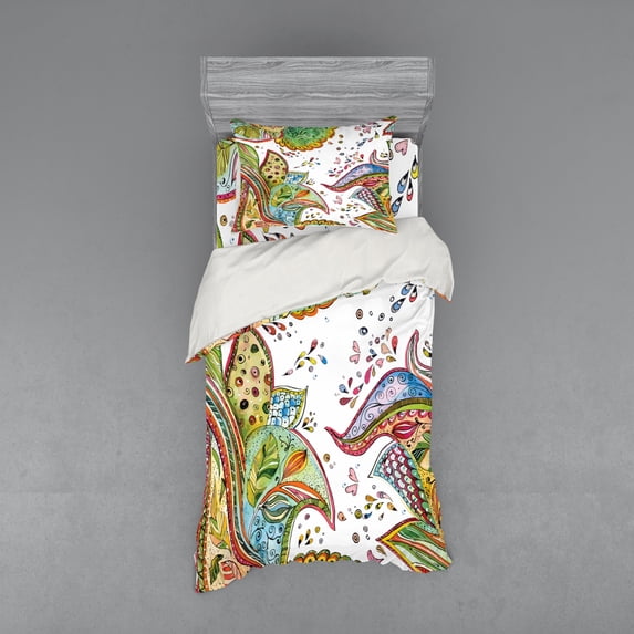 Ambesonne Grunge Bedding Set 3 Pcs, Leaves Flowers Hearts, Twin, Green Orange