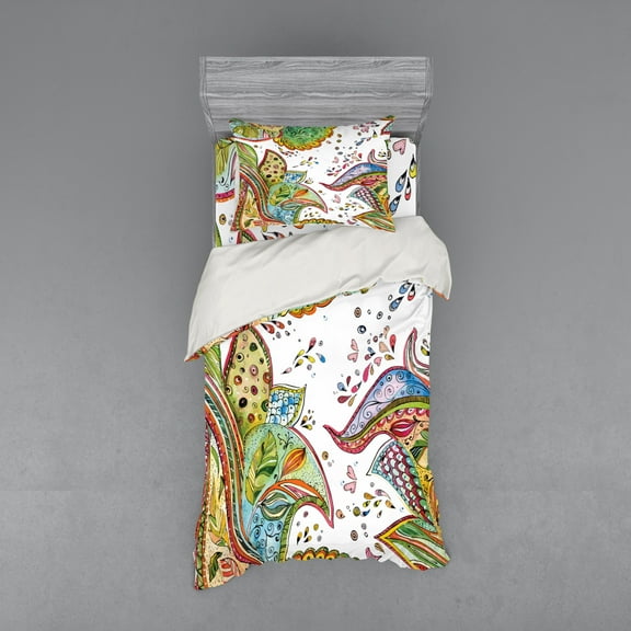 Ambesonne Grunge Bedding Set 3 Pcs, Leaves Flowers Hearts, Twin XL, Green Orange