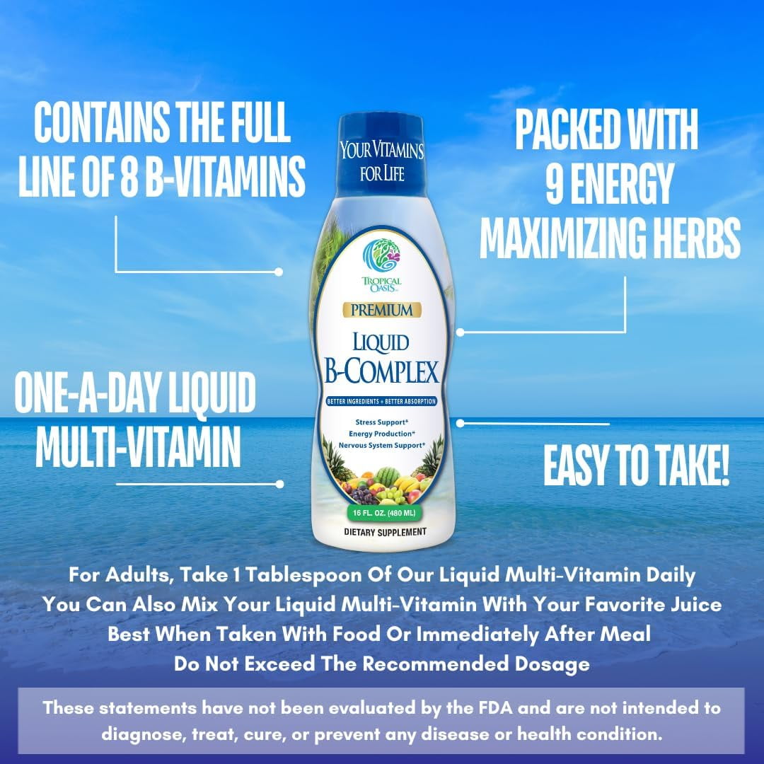 Tropical Oasis B-Complex Liquid Vitamin Supplement for Energy Production and Nervous System Support, 16 fl oz, 32 Servings