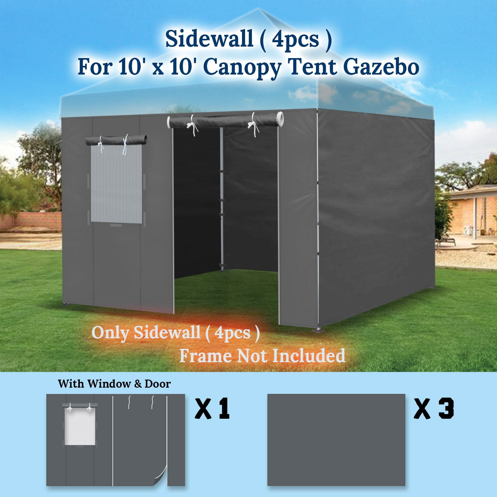 SUNNYOUTDOOR 10'x10' Full Zippered Walls for Easy Pop Up Canopy Tent, Enclosure Sidewall Kit with Roller Up Mesh Window and Door, 4 Walls ONLY, Frame not Included, Grey