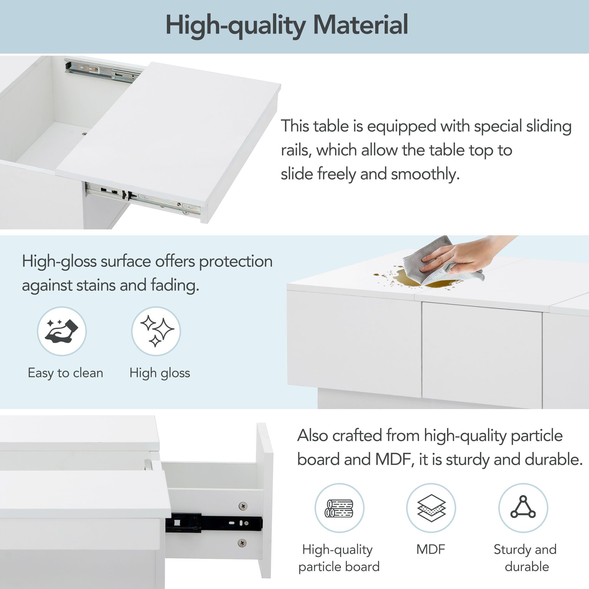 DEALTOPS Modern Coffee Table with Sliding Top and 2 Hidden Storage Compartments, High-gloss End Table with 2 Drawers for Living Room -White