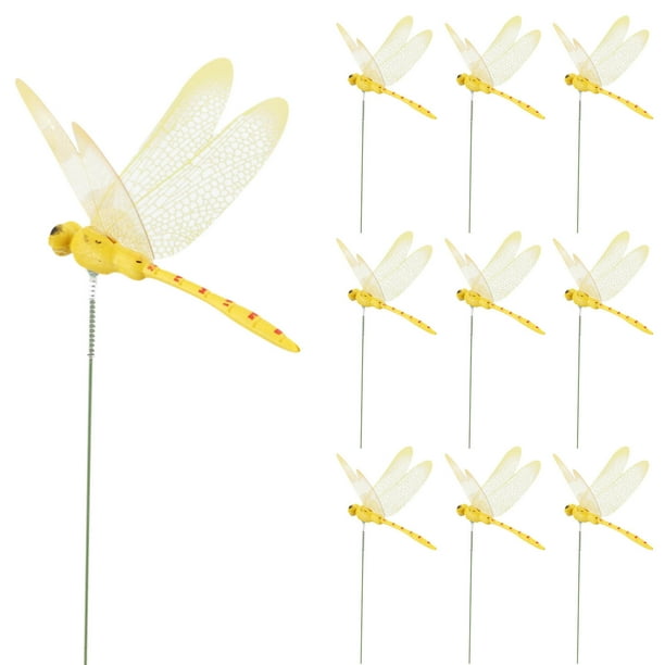 Estacas de jardín de libélulas 10PCS - Postes metálicos de 25 cm con libélulas artificiales de 8 cm - Movimiento de acción de resorte para jardines exteriores y decoración de plantas en maceta
