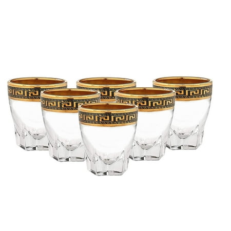 Greek Key Rim - Cristalleria Italian Decor Crystal Shot Liquor Glasses Shooters, 2.5 oz. 24K Gold Rimmed Greek Key Ornament, Hand Made in Italy, SET OF 6