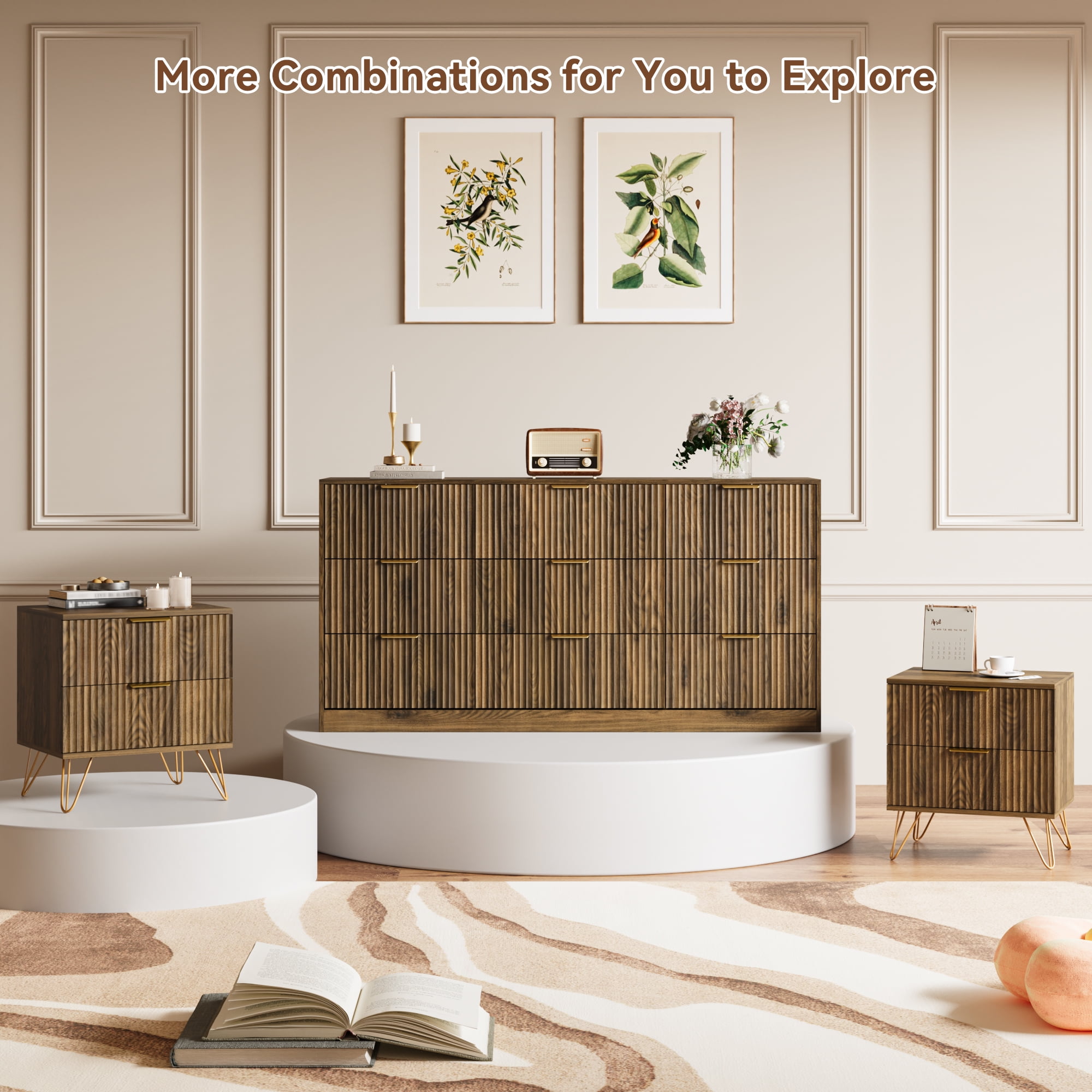 YouTrend 9 Drawer Dresser with for Bedroom,Modern Fluted Wood Chest of Drawer with Golden Embedded Handles for Living Room,Hallway