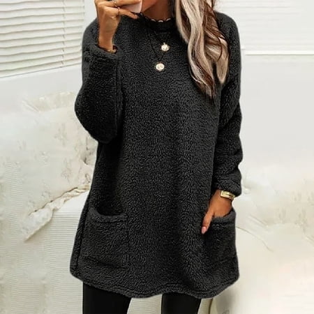 Royisotas Plus Size Plain Women s Sweatshirts Fleece Fall Long Sleeve Tunic Pullover with Front Pocket Casual Crew Neck Black No Hood Tops