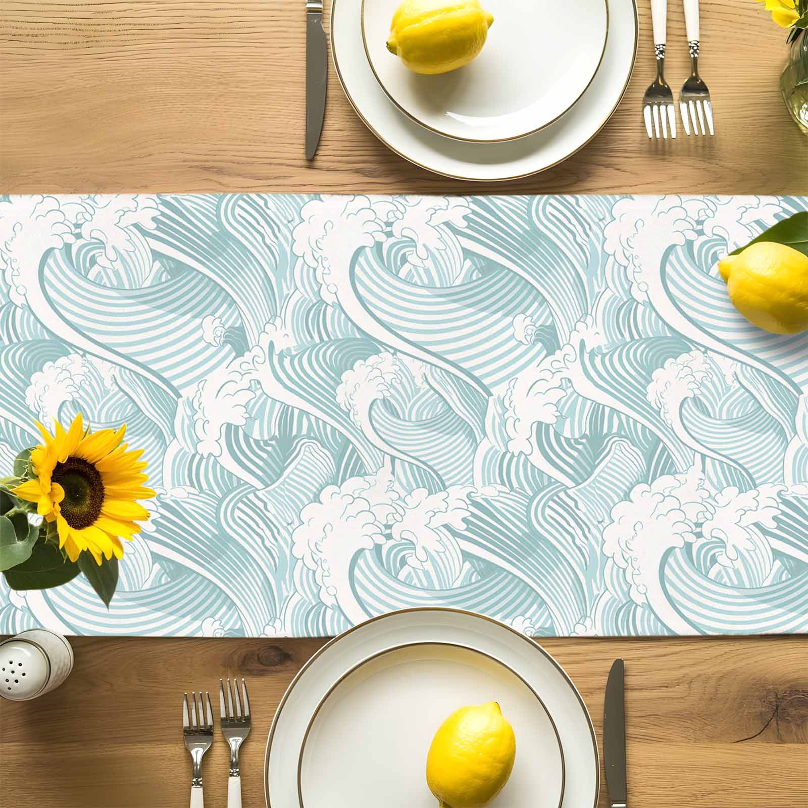 Summer Coastal Abstract Waves Table Runner 90 Inches Long, Modern Minimalist Wavy Table Runners Tabletop Scarf Kitchen Dining Tables Decoration for Home Party Indoor Outdoor