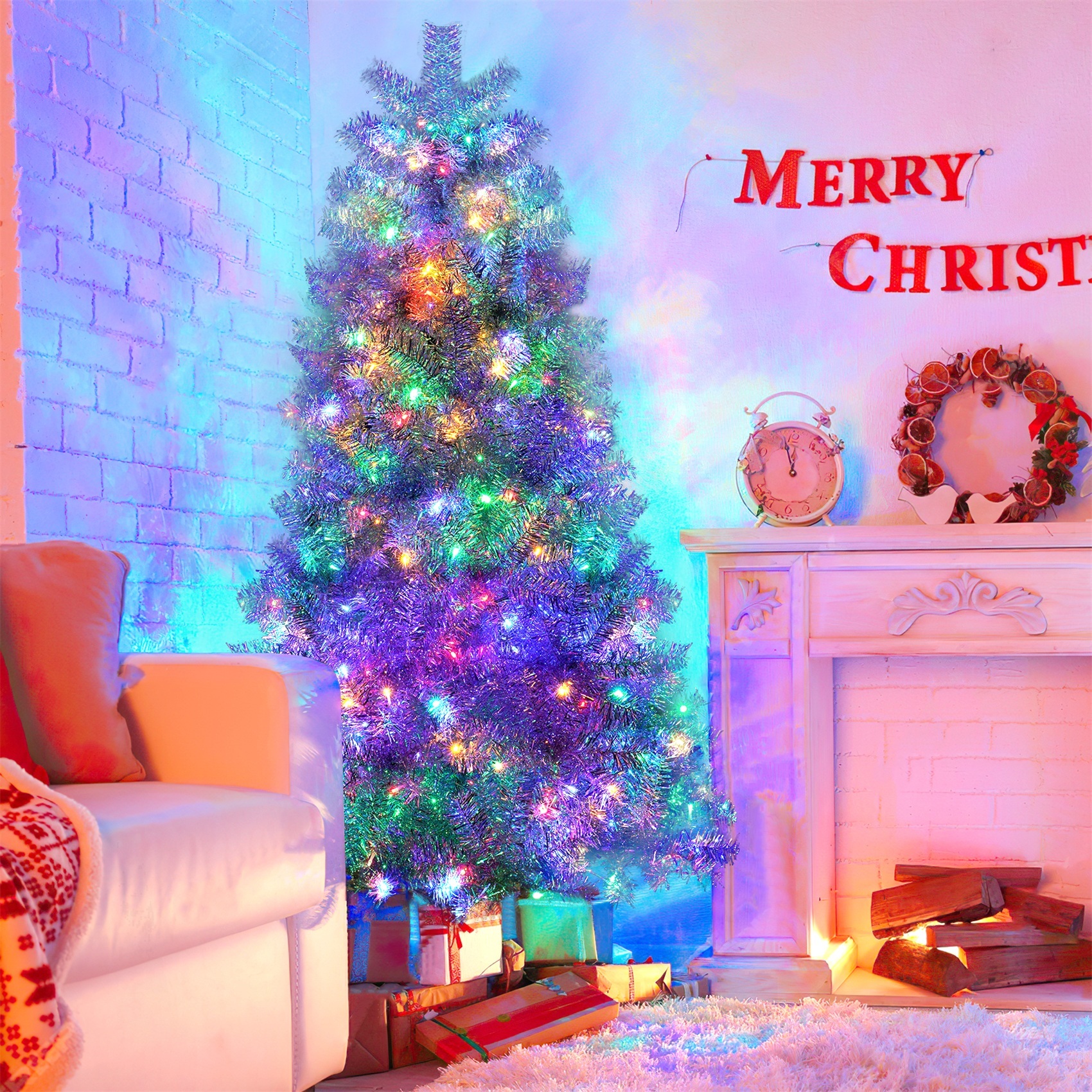 Alvantor 6Ft Pre-Lit Artificial Christmas Tree Hinged Full Tree with 300 LED Lights for Holiday Decoration Sliver