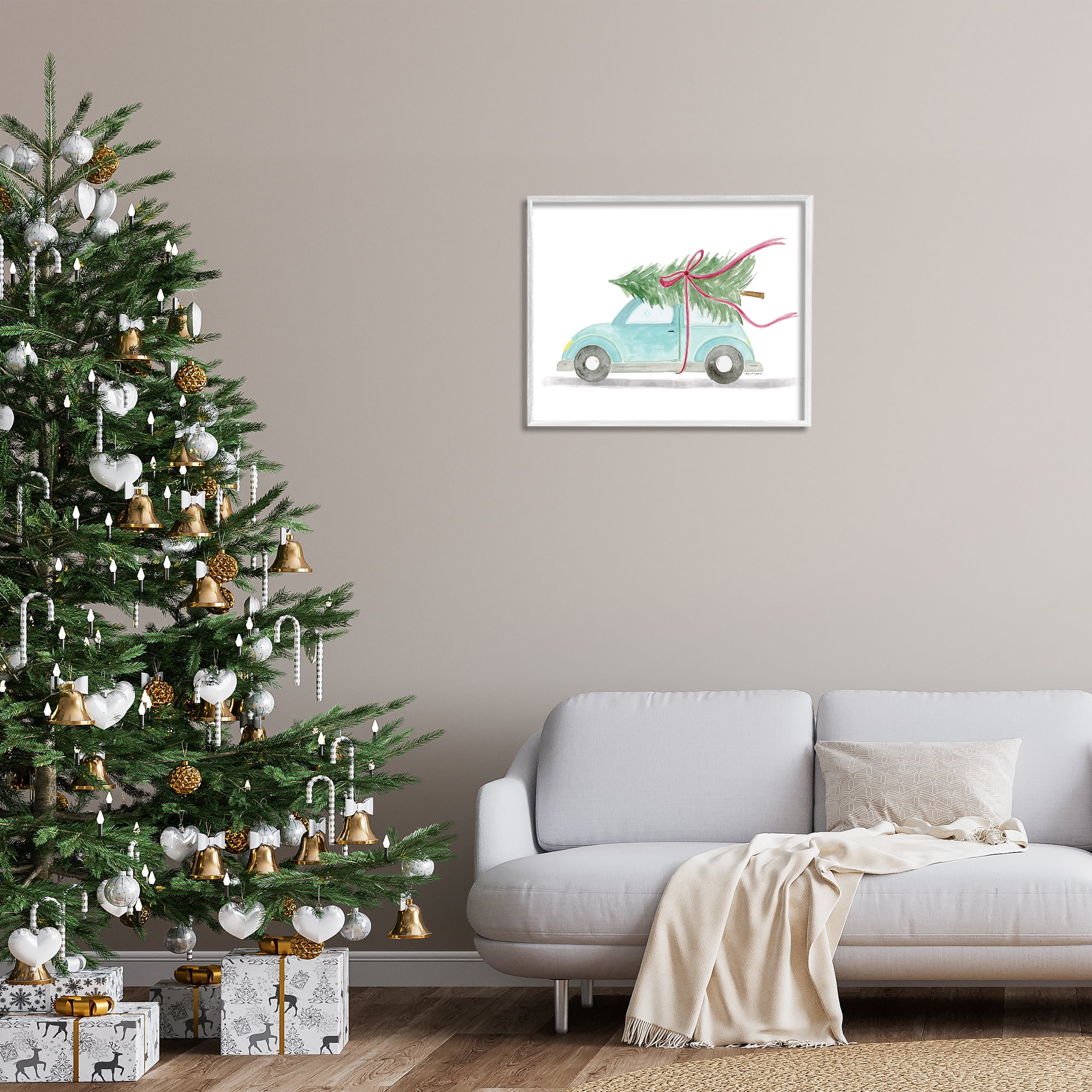 Stupell Industries Windblown Tree on Car Holiday Painting White Framed Art Prints Wall Art, 30 x 24