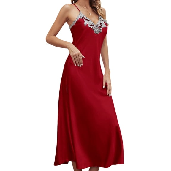 Lenpel Satin Nightgowns for Women Trendy Lace V Neck Adjustable Spaghetti Strap Sleepwear Maxi Dresses Casual Flowy House Nightdress