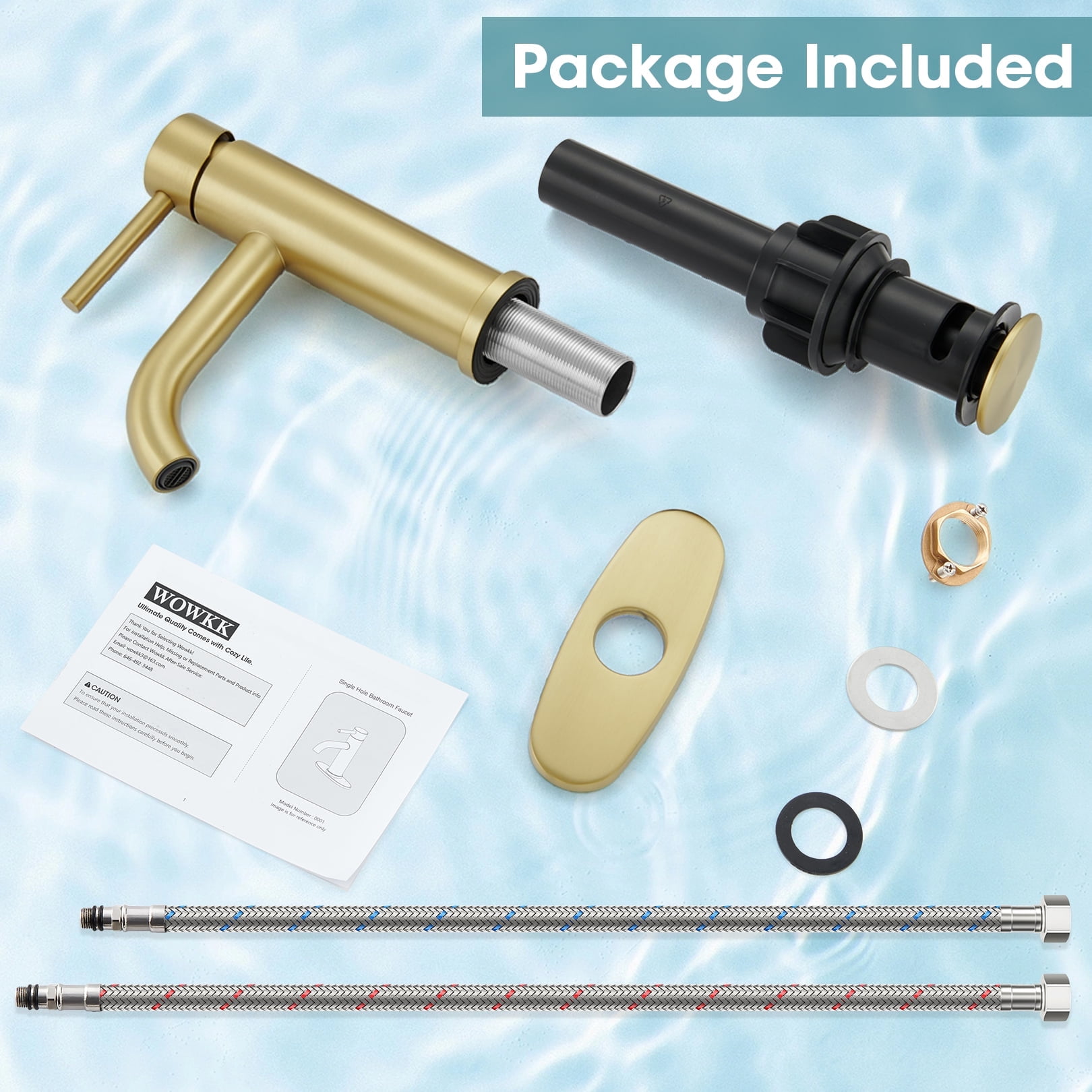 Wowkk Sanitary Ware Bathroom Faucets Stainless Steel Single Handle Bathroom Sink Faucet with Pop up Drain and PEX Encrypted Hose, Modern Bathroom Faucets for Sink 1 or 3 Holes, Brushed Gold