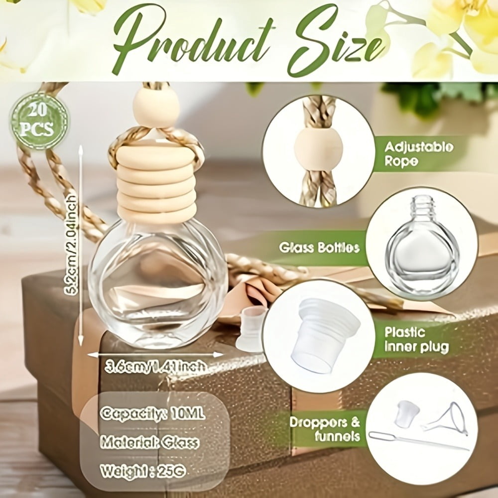 20Pcs 10ml Refillable Glass Car Air Freshener Diffuser Bottles, Empty with Wooden Caps