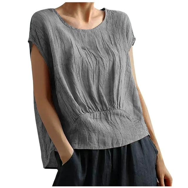 cfhntfmh Hauts d'Été pour Femmes Tendance à Manches Courtes Col Rond Blouses Basiques Confortables Couleur Unie T-Shirts Décontractés 2025